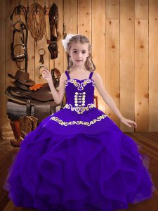 Hot Selling Organza Straps Sleeveless Lace Up Embroidery and Ruffles Pageant Gowns For Girls in Eggplant Purple