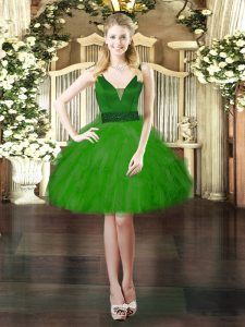  Green Ball Gowns Tulle V-neck Sleeveless Beading and Ruffles Mini Length Lace Up 