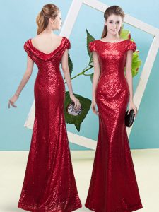  Wine Red Sequined Zipper Scoop Cap Sleeves Floor Length Prom Dress Sequins