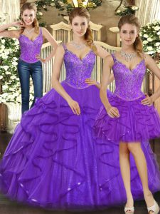 Flirting Purple Straps Lace Up Beading and Ruffles Quinceanera Dresses Sleeveless
