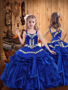  Sleeveless Organza Floor Length Lace Up Girls Pageant Dresses in Royal Blue with Embroidery and Ruffles