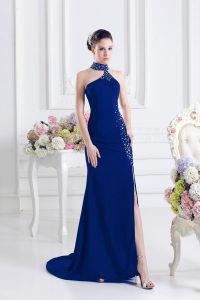  Royal Blue Prom Gown Prom and Party with Beading Halter Top Sleeveless Sweep Train Lace Up