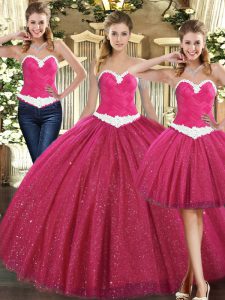 Cute Sleeveless Tulle Floor Length Lace Up Quinceanera Gowns in Fuchsia with Ruching