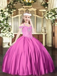 Amazing Floor Length Fuchsia Little Girl Pageant Gowns Off The Shoulder Sleeveless Lace Up