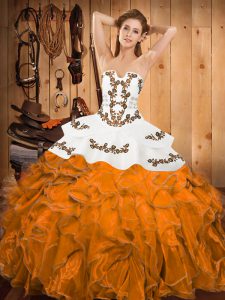 Fantastic Embroidery and Ruffles 15th Birthday Dress Orange Lace Up Sleeveless Floor Length
