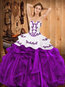 Glorious Floor Length Eggplant Purple Quince Ball Gowns Strapless Sleeveless Lace Up