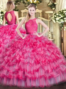 High End Organza Scoop Sleeveless Zipper Lace and Ruffled Layers 15th Birthday Dress in Hot Pink