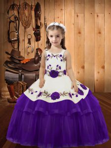  Sleeveless Floor Length Embroidery and Ruffled Layers Lace Up Little Girl Pageant Gowns with Eggplant Purple