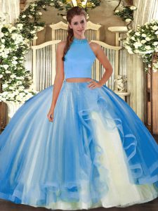  Light Blue Backless 15th Birthday Dress Beading and Ruffles Sleeveless Floor Length