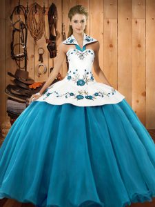 Beauteous Halter Top Sleeveless Lace Up Sweet 16 Dresses Teal Satin and Tulle