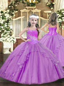 Stylish Floor Length Lace Up Girls Pageant Dresses Lilac for Party and Sweet 16 and Quinceanera and Wedding Party with Ruffles and Sequins