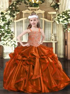  Rust Red Lace Up Little Girls Pageant Gowns Beading and Embroidery and Ruffles Sleeveless Floor Length