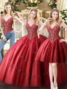  Sleeveless Floor Length Beading Lace Up Sweet 16 Dresses with Wine Red