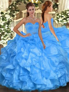  Sleeveless Organza Floor Length Lace Up Ball Gown Prom Dress in Baby Blue with Beading and Ruffles