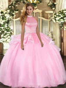 Pink Sleeveless Floor Length Beading and Ruffles Backless Quince Ball Gowns