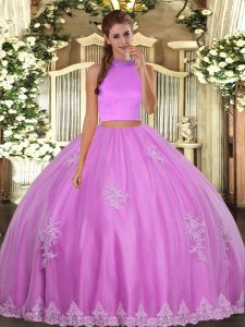 Custom Made Lilac Two Pieces Beading and Appliques Sweet 16 Quinceanera Dress Backless Tulle Sleeveless Floor Length