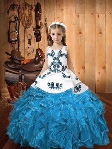 Affordable Floor Length Lace Up Little Girl Pageant Gowns Blue for Sweet 16 and Quinceanera with Embroidery and Ruffles