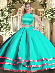  Turquoise Two Pieces Ruching Ball Gown Prom Dress Criss Cross Tulle Sleeveless Floor Length