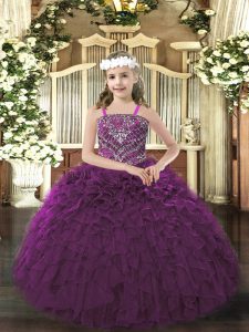  Dark Purple Organza Lace Up Straps Sleeveless Floor Length Kids Pageant Dress Beading and Ruffles