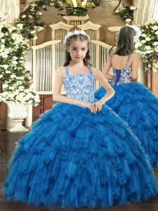 Nice Blue Organza Lace Up Kids Formal Wear Sleeveless Floor Length Beading and Ruffles