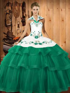 Flirting Turquoise Lace Up Halter Top Embroidery and Ruffled Layers 15th Birthday Dress Organza Sleeveless Sweep Train