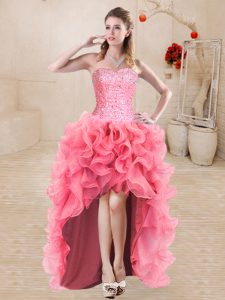 Glamorous Organza Sweetheart Sleeveless Lace Up Beading and Ruffles Prom Dress in Watermelon Red
