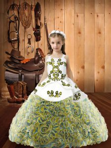 Cheap Sleeveless Fabric With Rolling Flowers Floor Length Lace Up Kids Formal Wear in Multi-color with Embroidery