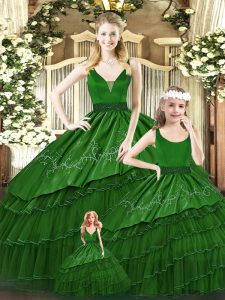  Beading and Embroidery and Ruffled Layers Quinceanera Gowns Green Lace Up Sleeveless Floor Length
