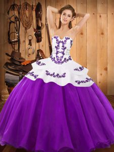  Eggplant Purple Satin and Organza Lace Up Strapless Sleeveless Floor Length 15th Birthday Dress Embroidery