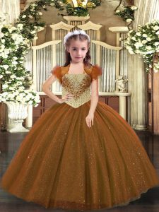 Perfect Sleeveless Tulle Floor Length Lace Up Little Girls Pageant Gowns in Brown with Beading