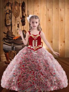  Red Sleeveless Embroidery and Ruffles Floor Length Girls Pageant Dresses