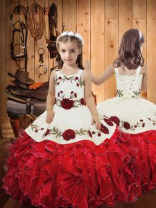 Custom Fit Straps Sleeveless Organza Little Girls Pageant Gowns Embroidery and Ruffles Lace Up