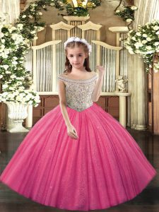  Floor Length Ball Gowns Sleeveless Hot Pink Pageant Gowns For Girls Lace Up