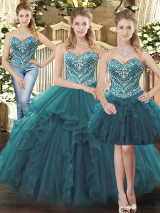 Beauteous Sweetheart Sleeveless Tulle 15 Quinceanera Dress Beading and Ruffles Lace Up