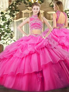  Sleeveless Floor Length Beading and Ruffles and Pick Ups Backless Quinceanera Gown with Hot Pink
