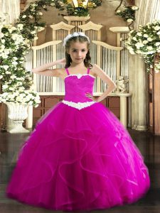  Fuchsia Tulle Lace Up Straps Sleeveless Floor Length Little Girls Pageant Dress Wholesale Appliques and Ruffles