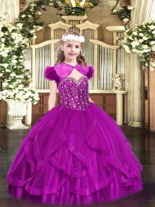  Fuchsia Straps Lace Up Beading and Ruffles Little Girl Pageant Gowns Sleeveless