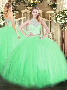  Tulle Zipper Scoop Sleeveless Floor Length Quinceanera Gowns Lace