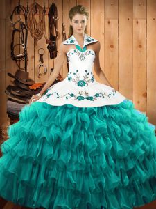 Amazing Turquoise 15 Quinceanera Dress Military Ball and Sweet 16 and Quinceanera with Embroidery and Ruffled Layers Halter Top Sleeveless Lace Up