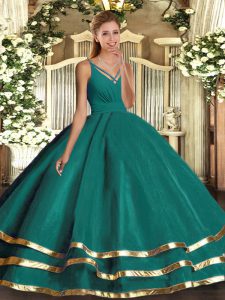 Designer Floor Length Turquoise Quinceanera Gown Tulle Sleeveless Ruching