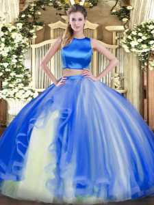  Blue Tulle Criss Cross High-neck Sleeveless Floor Length Sweet 16 Dress Ruffles