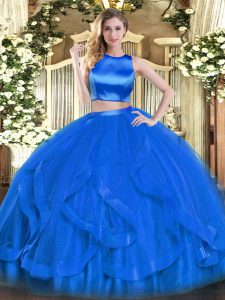 Dazzling Floor Length Blue Ball Gown Prom Dress Tulle Sleeveless Ruffles