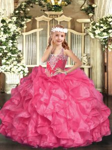 Customized Floor Length Hot Pink Kids Formal Wear V-neck Sleeveless Lace Up