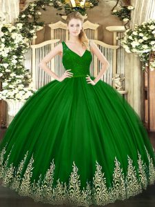  Green Quinceanera Dress Sweet 16 and Quinceanera with Beading and Appliques V-neck Sleeveless Zipper