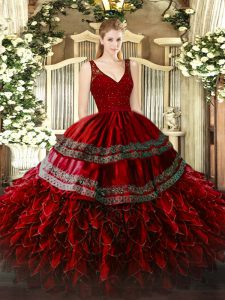Unique Sleeveless Backless Floor Length Beading and Lace and Ruffles Sweet 16 Quinceanera Dress
