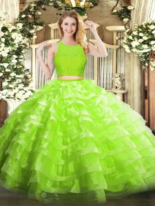  Floor Length Zipper Quinceanera Gowns Yellow Green for Military Ball and Sweet 16 and Quinceanera with Lace and Ruffled Layers