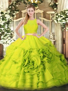  Yellow Green Sleeveless Tulle Zipper 15 Quinceanera Dress for Military Ball and Sweet 16 and Quinceanera