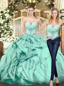 Gorgeous Apple Green Ball Gowns Organza Sweetheart Sleeveless Beading and Ruffles Floor Length Lace Up Quinceanera Gowns