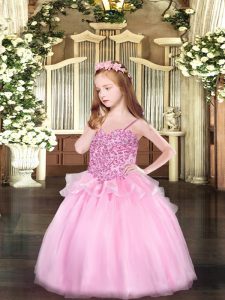  Pink Ball Gowns Spaghetti Straps Sleeveless Organza Floor Length Lace Up Appliques Girls Pageant Dresses