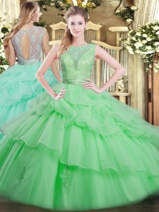  Apple Green Ball Gowns Beading and Ruffled Layers Vestidos de Quinceanera Backless Tulle Sleeveless Floor Length
